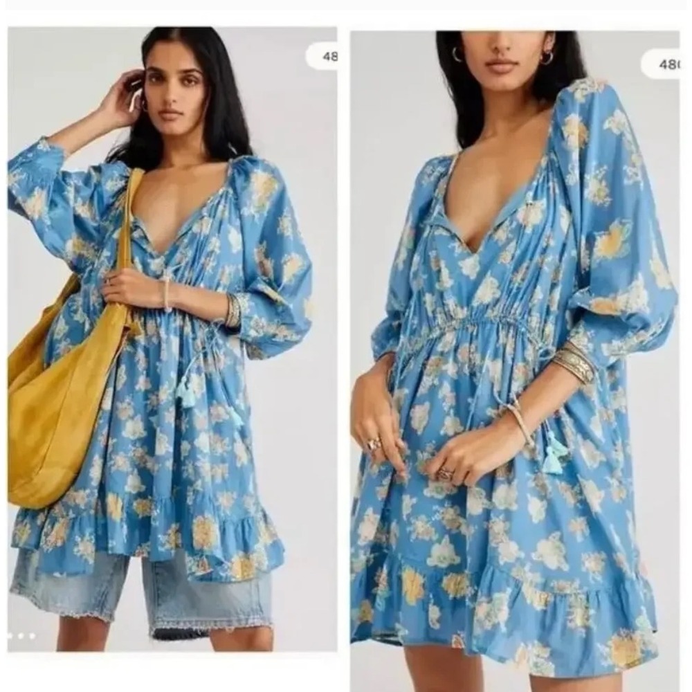 NWT Free People Camella Mini Dress Boho Blue Floral Cottagecore Romantic‎ Small